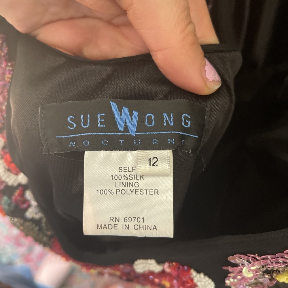 Vintage Y2K 100% Silk beaded Black Floral Evening Gown Midi -Sue Wong- 12 - Picture 3 of 16
